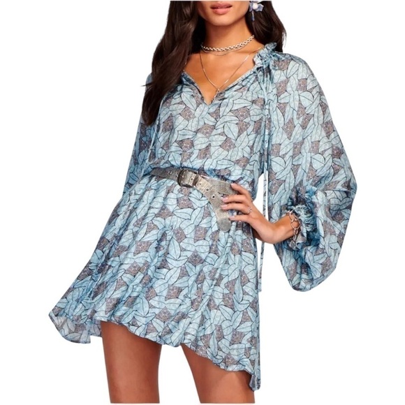 RAMY BROOK Tatum Leaf Floral Print Long Sleeve Pleated Ruffle Mini Dress Medium - Picture 2 of 11